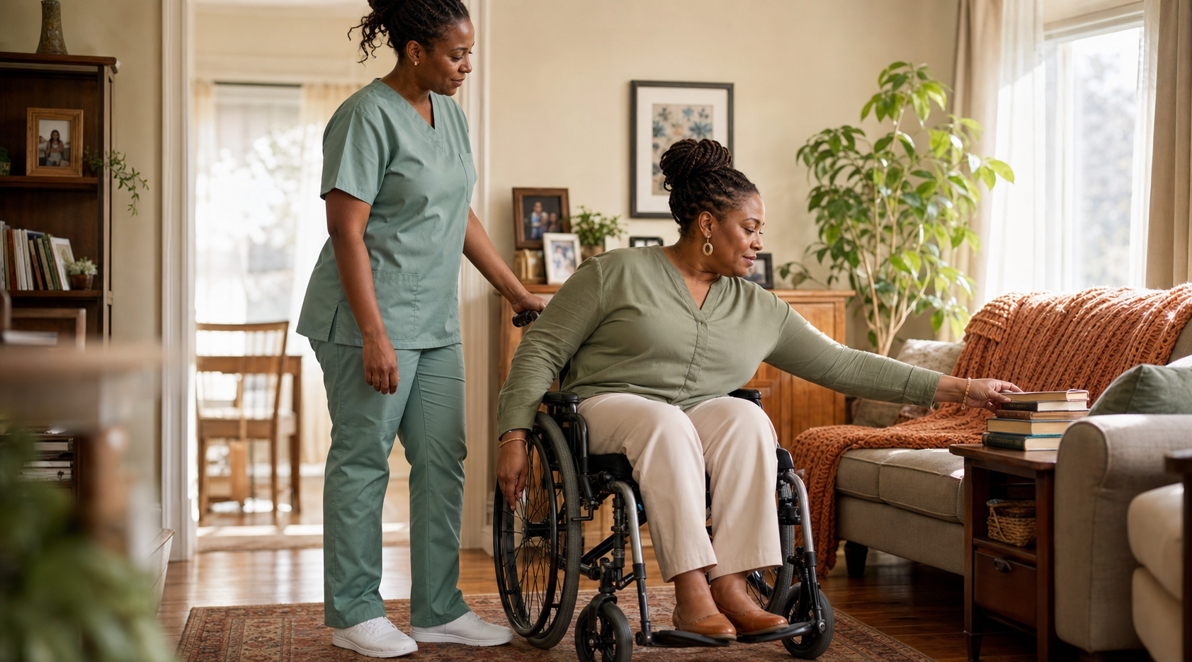 A home caregiver assisting an older adult using a wheelchair